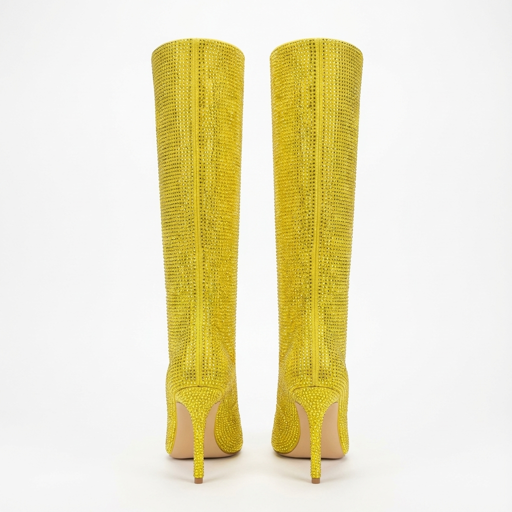 Botte haute jaune Daim Synthétique Femme - Bottes jaunes brillantes à talon aiguille 3