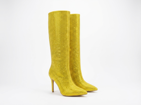 Santiag haute jaune Daim Synthétique Femme - Bottes jaunes scintillantes avec talon aiguille - three_quarter_view