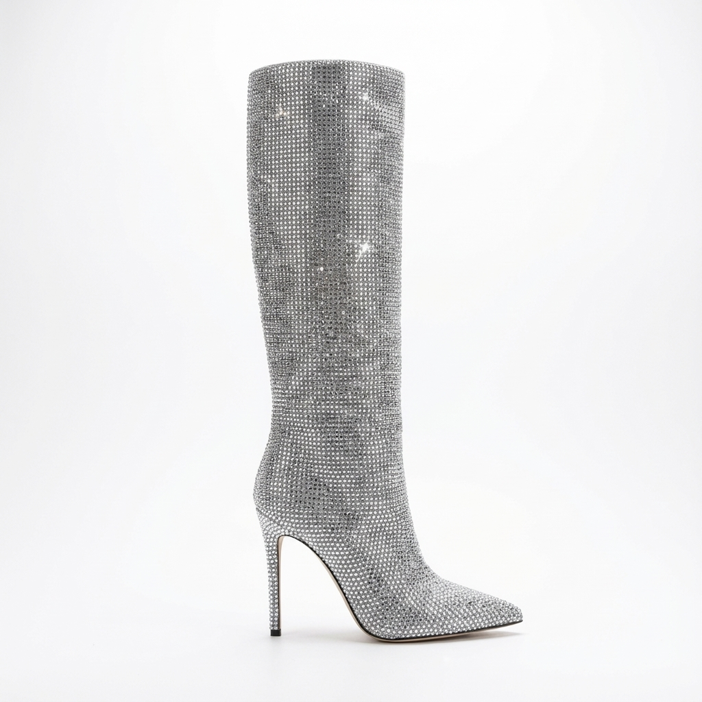 Botte haute argenté Daim Synthétique Femme - Santiags argentées à paillettes scintillantes 2