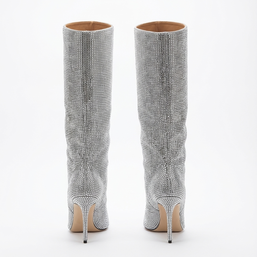 Botte haute argenté Daim Synthétique Femme - Santiags argentées à paillettes scintillantes 3