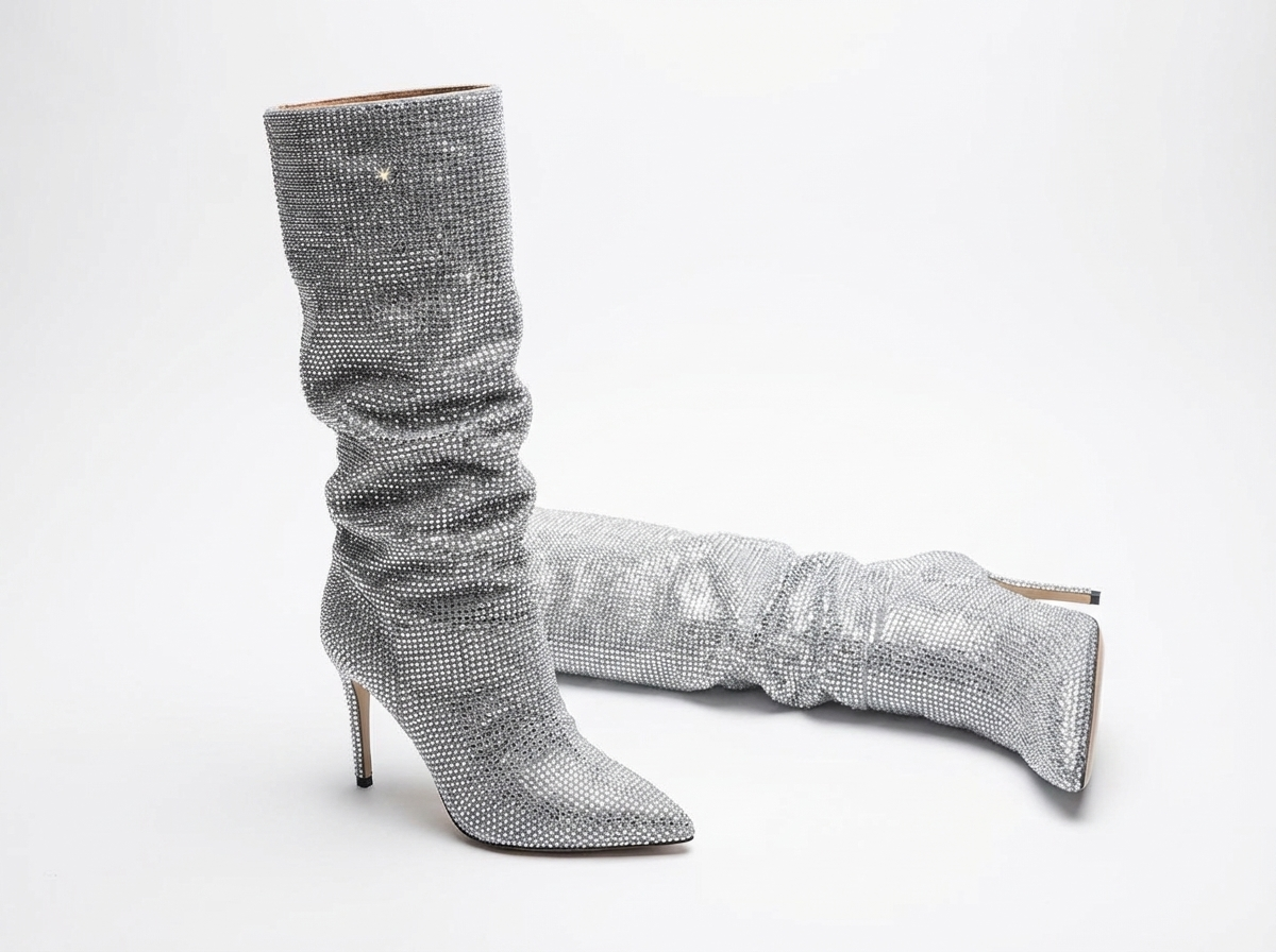 Botte haute argenté Daim Synthétique Femme - Santiags argentées à paillettes scintillantes