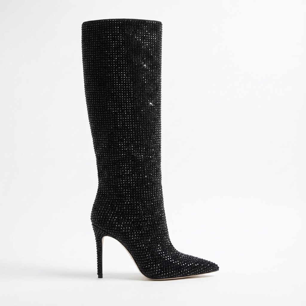 Botte haute noir à paillettes Daim Synthétique Femme - Noir pailleté avec talon aiguille chic 2