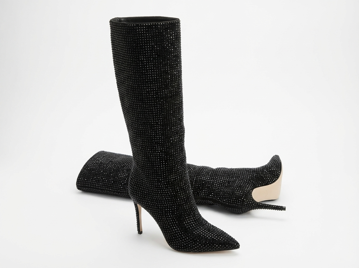 Botte haute noir à paillettes Daim Synthétique Femme - Noir pailleté avec talon aiguille chic