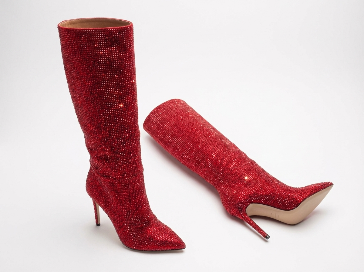 Botte haute rouge à paillettes Daim Synthétique Femme - Éclat glamour en rouge pailleté