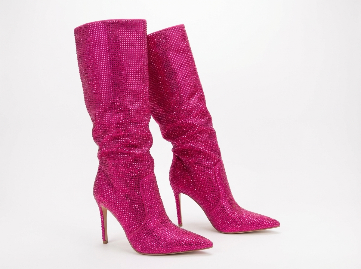 Botte haute rose à paillettes Daim Synthétique Femme - Santiags roses glamour à talons aiguilles