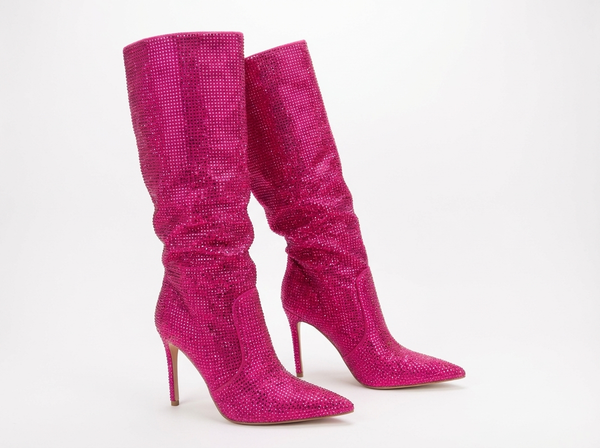 Santiag haute rose à paillettes Daim Synthétique Femme - Éclat rose vif, talons aiguilles glamour - three_quarter_view