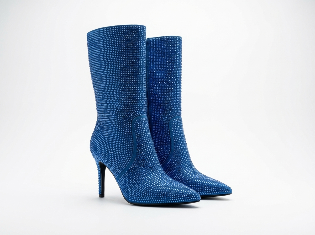 Botte haute bleu Daim Synthétique Femme - Santiags bleu scintillant à talon aiguille