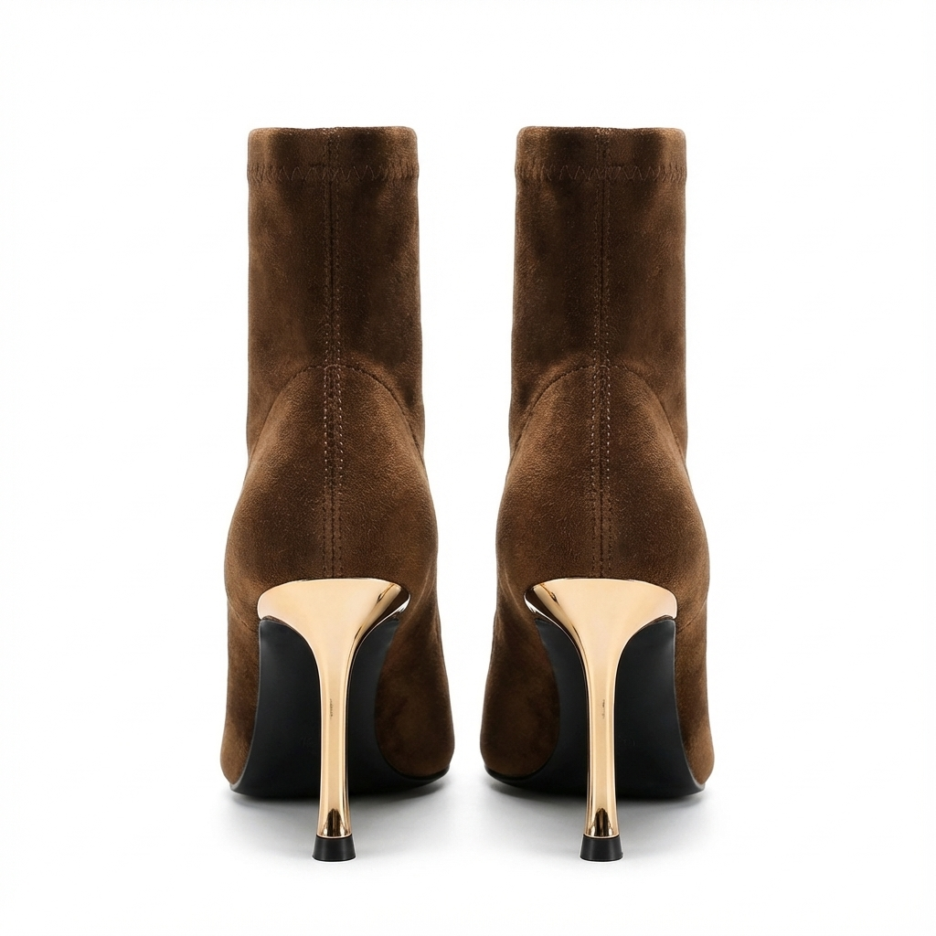 Bottine à talon Daim Synthétique Femme - Talons aiguilles dorés et bout pointu métal 3