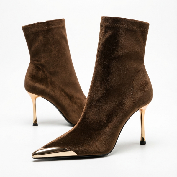 Santiag mi-haute marron Daim Synthétique Femme - Élégants talons aiguilles dorés - three_quarter_view