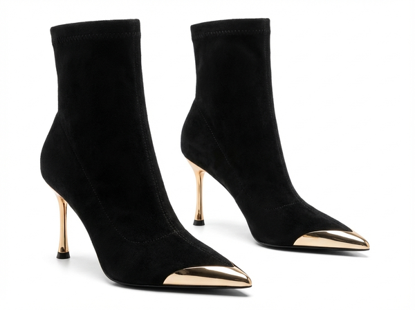 Santiag mi-haute noir Daim Synthétique Femme - Bout pointu doré, talons aiguilles dorés - three_quarter_view