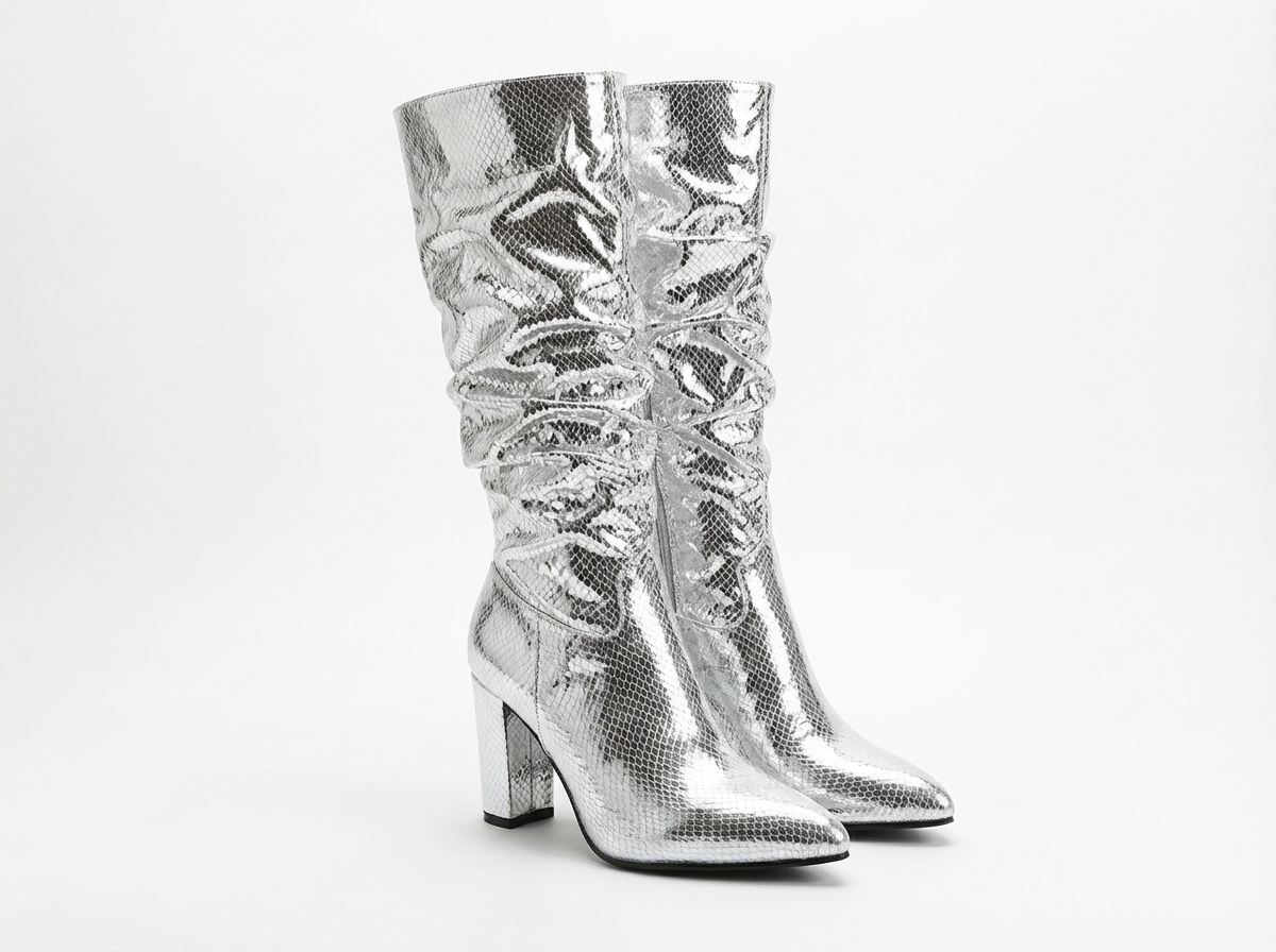 Botte basse argenté Simili Cuir Femme - Motif python argenté audacieux et moderne