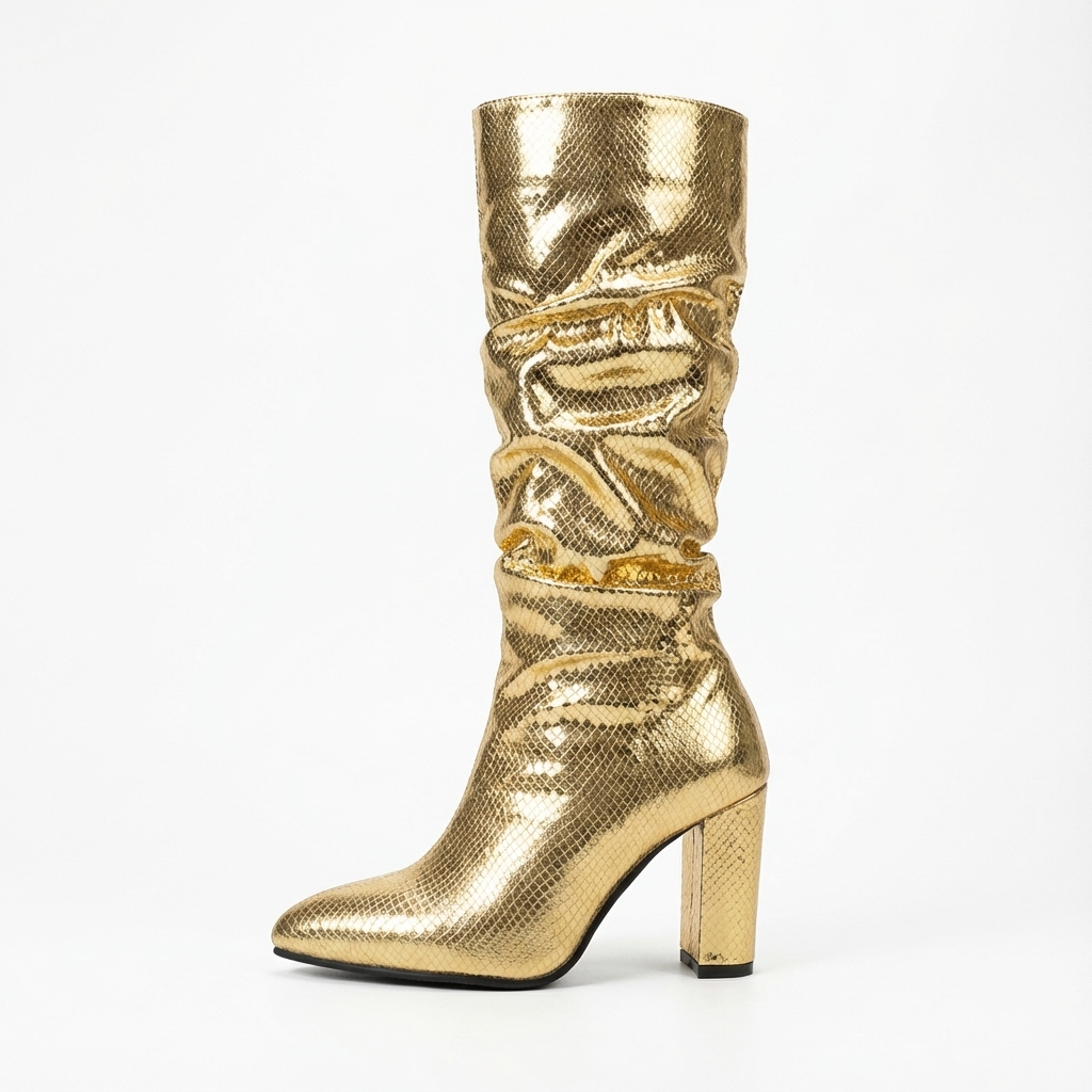 Botte haute doré Simili Cuir Femme - Santiags dorées à motif python élégant 3