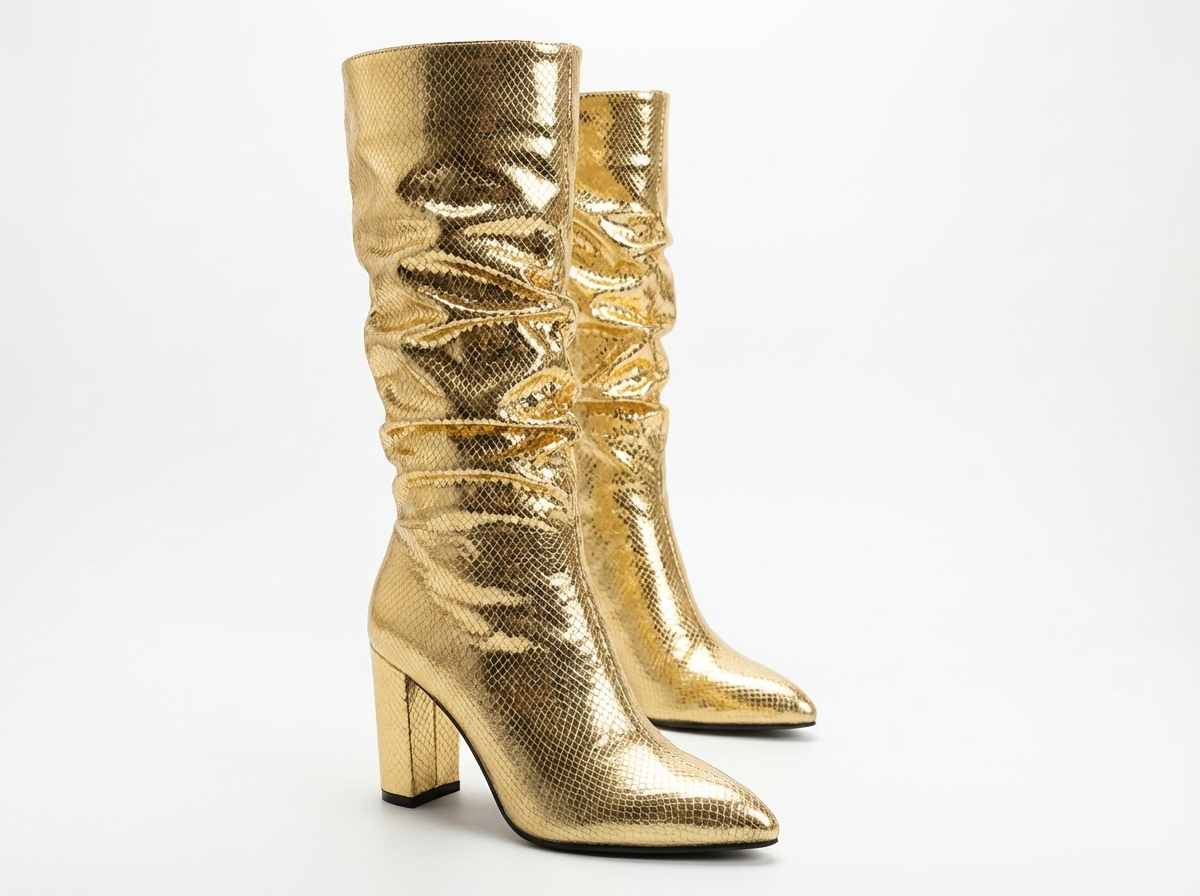 Botte haute doré Simili Cuir Femme - Santiags dorées à motif python élégant