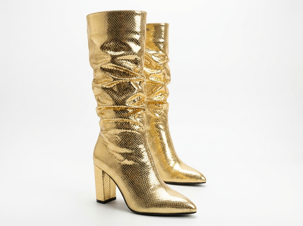 Santiag basse doré Simili Cuir Femme - Talon carré et motif python élégant - three_quarter_view