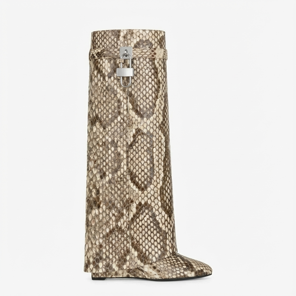 Botte haute beige Cuir Femme - Motif python et boucle argentée 2