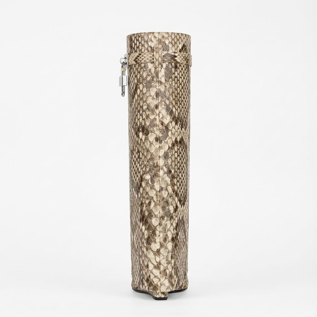 Botte haute beige Cuir Femme - Motif python et boucle argentée 3