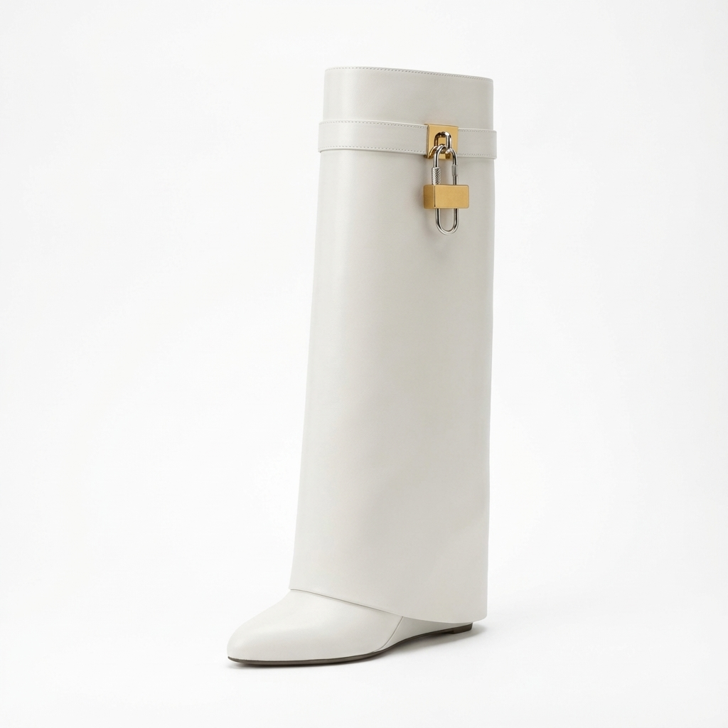 Botte haute blanc Cuir Femme - Santiags blanches à cadenas doré chic