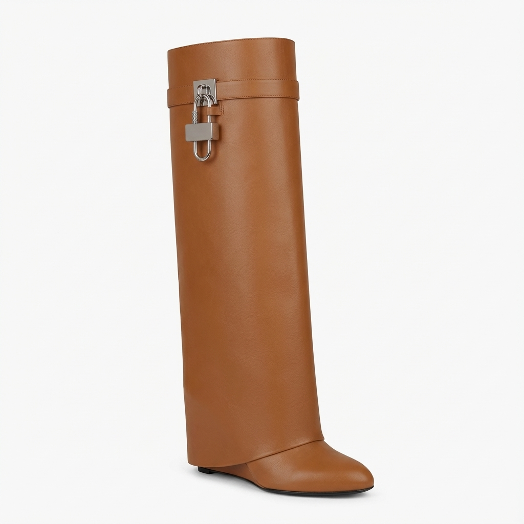 Botte haute camel Cuir Femme - Design épuré avec cadenas chic