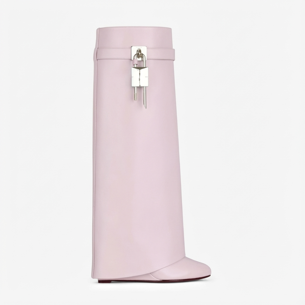 Botte haute rose Cuir Femme - Cuir rose et cadenas argenté audacieux 2