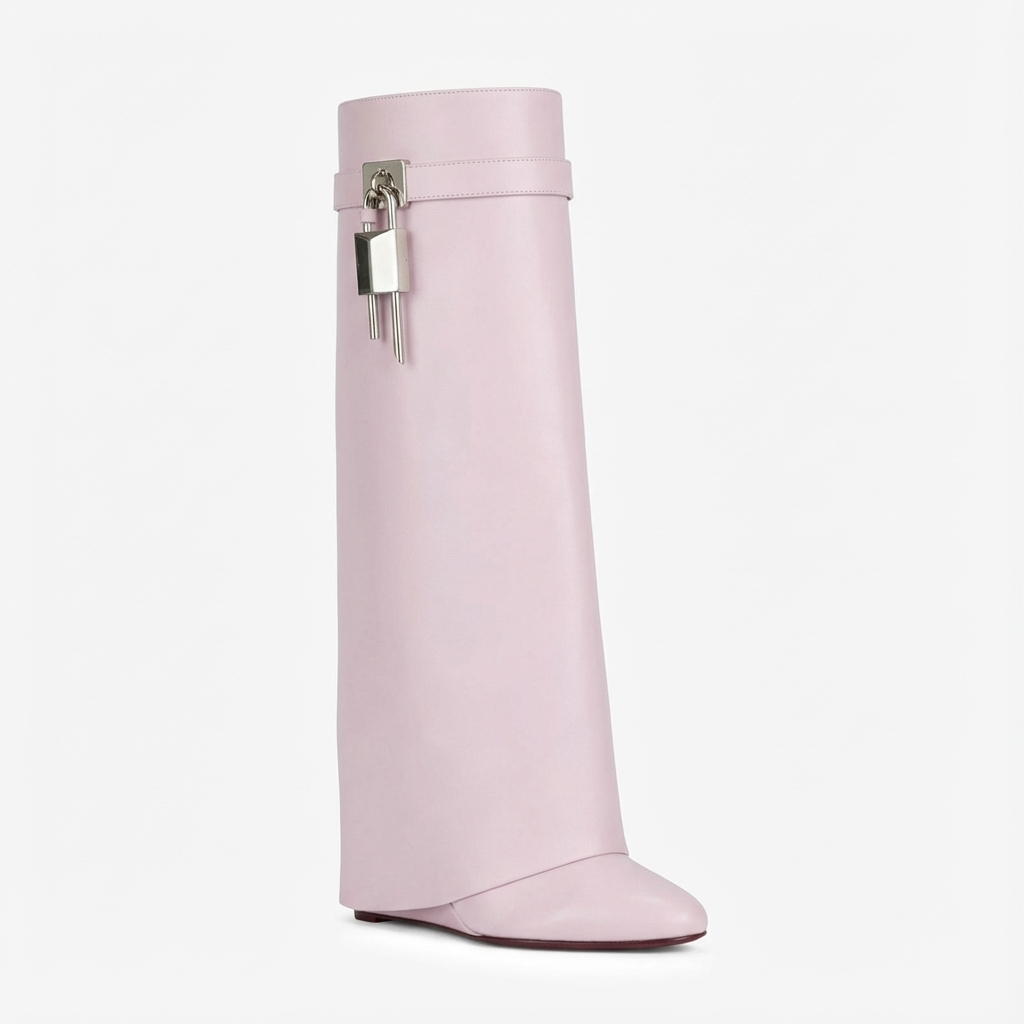 Botte haute rose Cuir Femme - Cuir rose et cadenas argenté audacieux