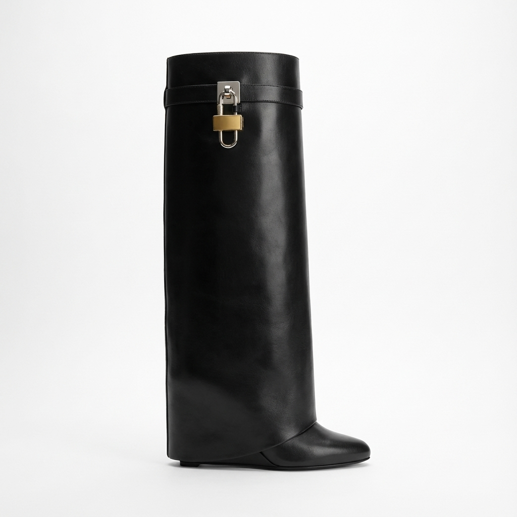 Botte haute noir Cuir Femme - Boucle à cadenas sur cuir noir 2