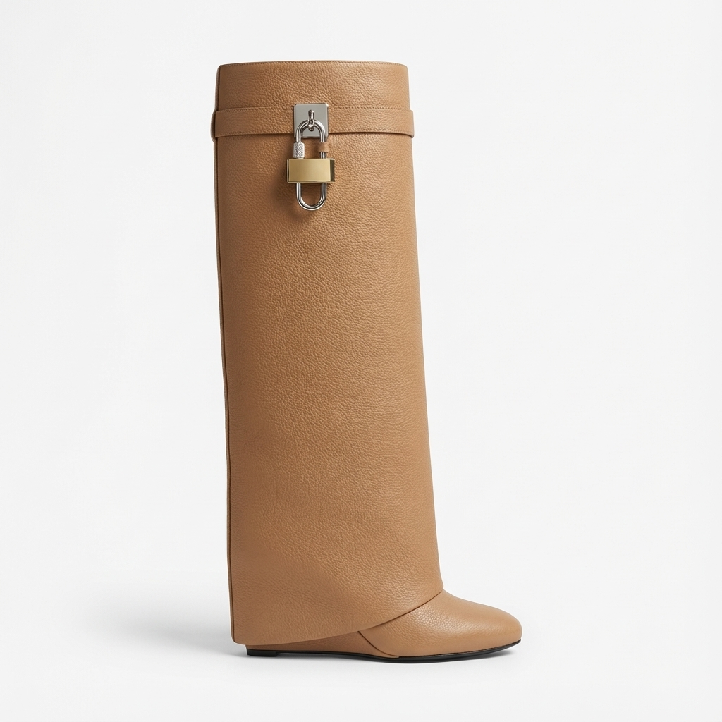 Botte haute camel Cuir Femme - Boucle métallique et cuir grainé camel 2