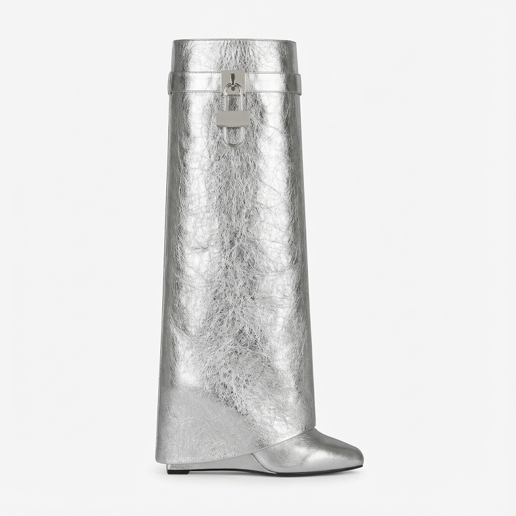 Botte haute argentée Cuir Femme - Bottes argentées au style western moderne