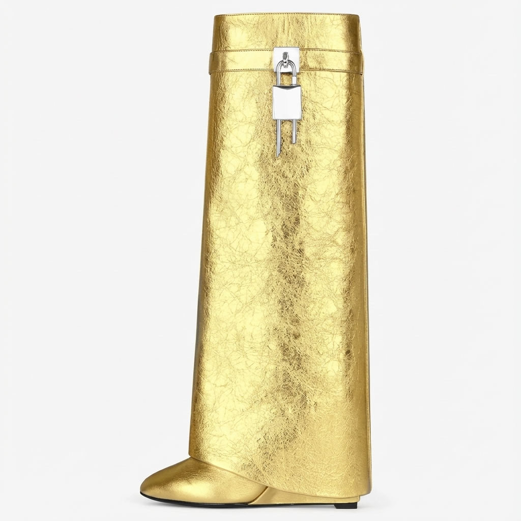 Botte haute doré Cuir Femme - Santiags dorées avec cadenas argenté 2
