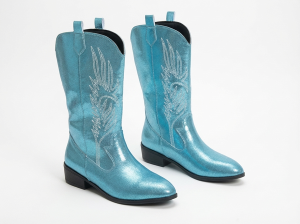 Santiag mi-haute bleu Synthétique Femme - Bleu métallique à broderies géométriques