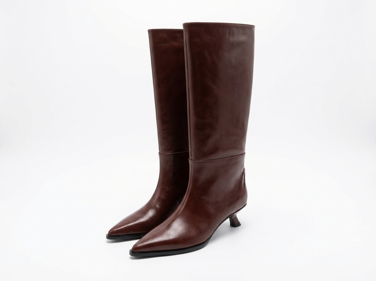 Botte haute marron foncé Cuir Femme - Bout pointu, talon évasé élégant
