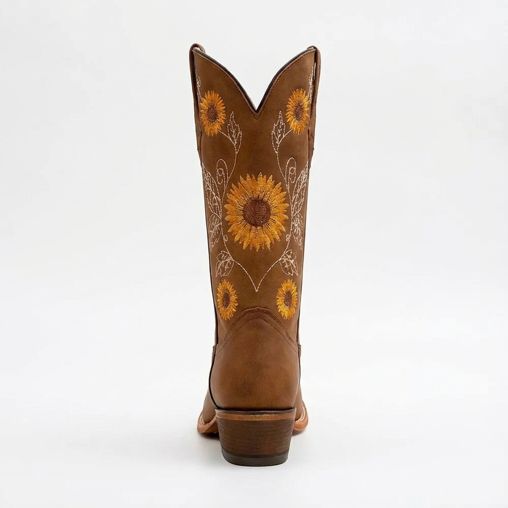 Santiag haute marron Simili Cuir Femme - Broderies florales tournesols élégantes 2