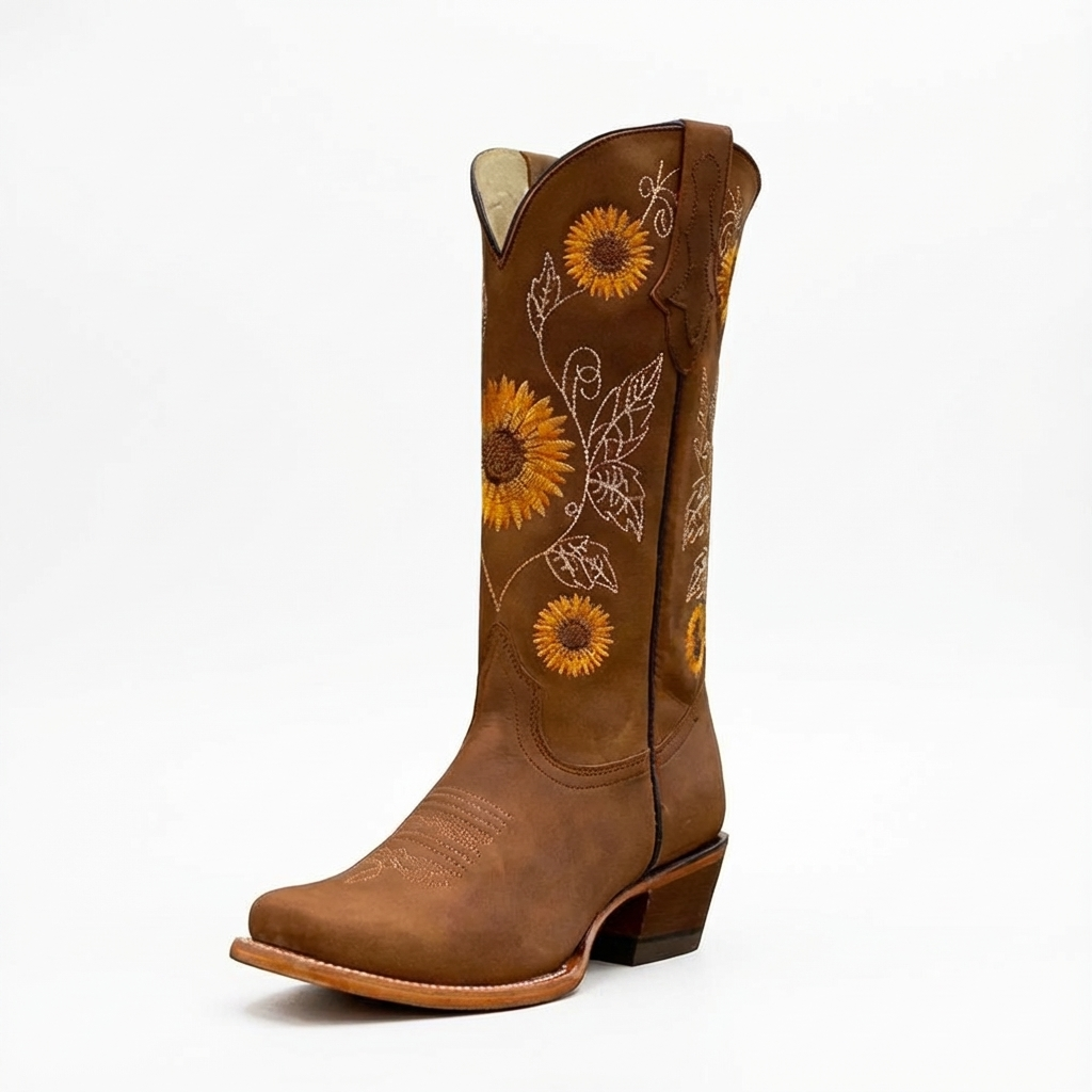 Santiag haute marron Simili Cuir Femme - Broderies florales tournesols élégantes 3