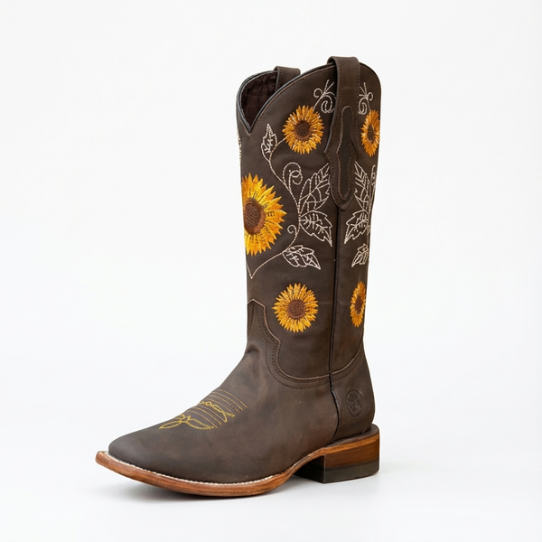 Santiag haute marron Simili Cuir Femme - Broderies florales élégantes et colorées