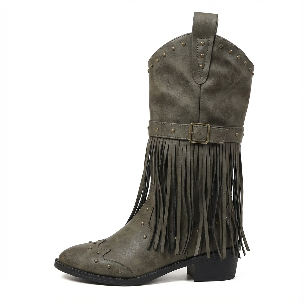 Santiag mi-haute gris Synthétique Femme - Franges longues et rivets métalliques 3