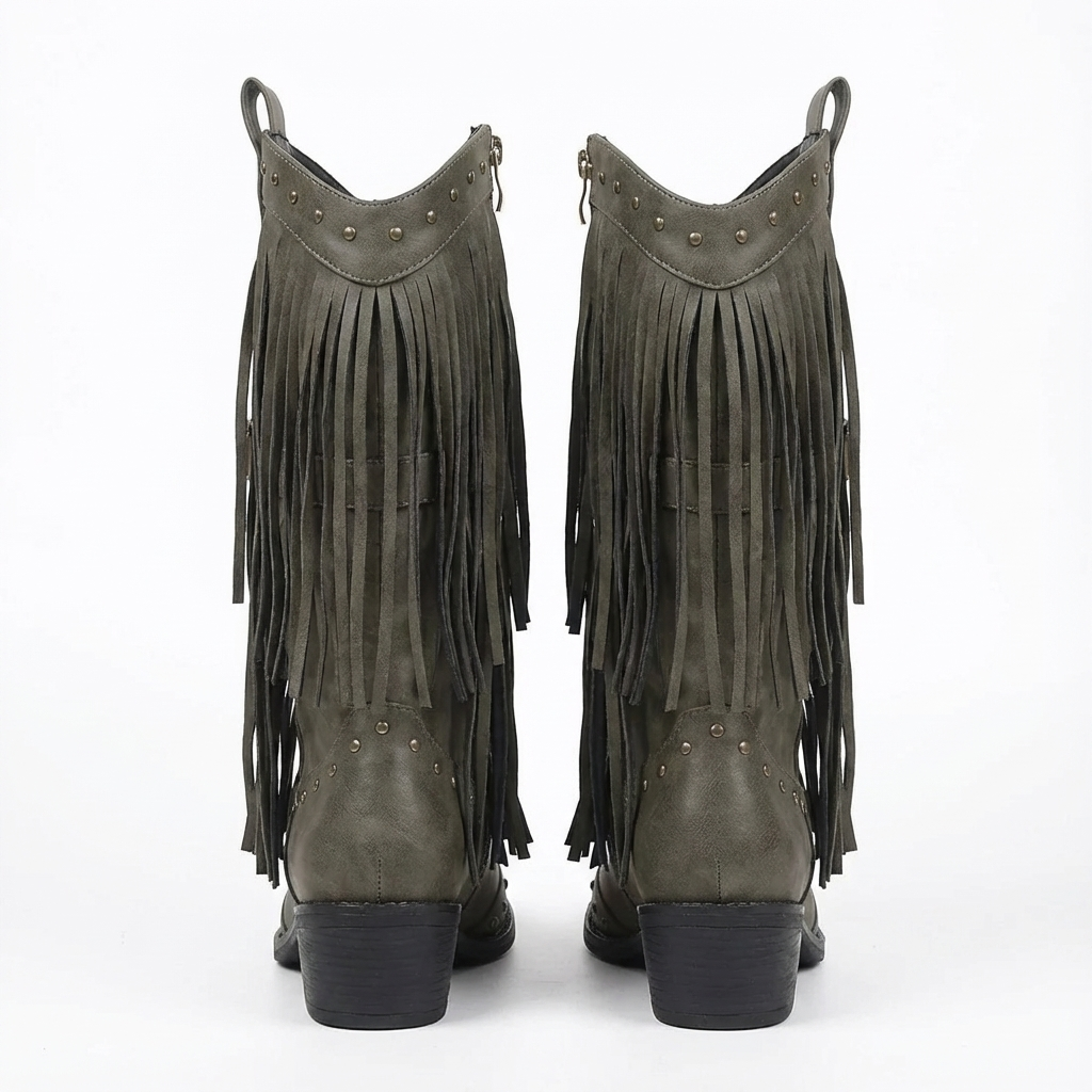 Santiag mi-haute gris Synthétique Femme - Franges longues et rivets métalliques 4