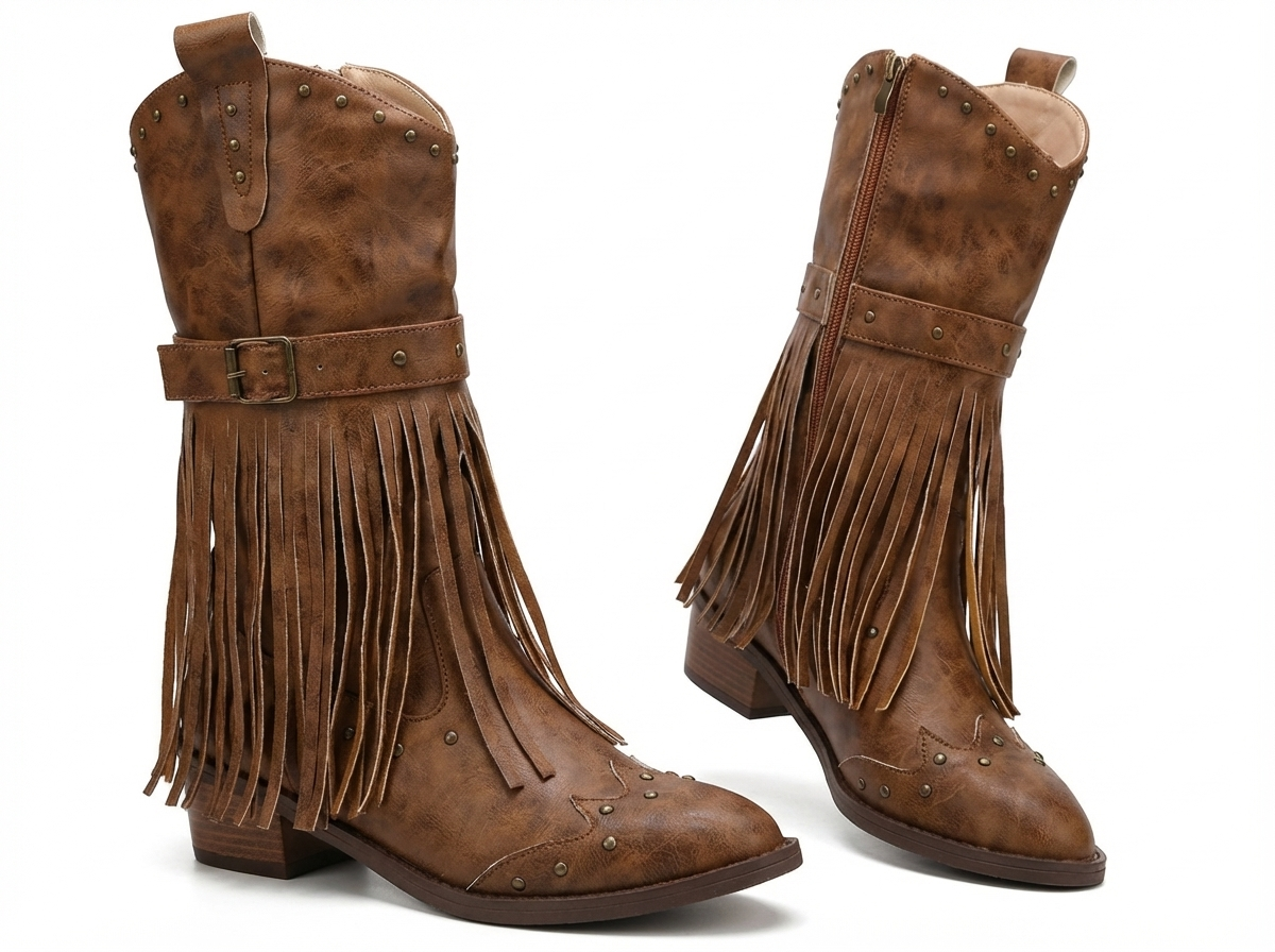 Santiag mi-haute marron Synthétique Femme - Franges et clous pour style western élégant