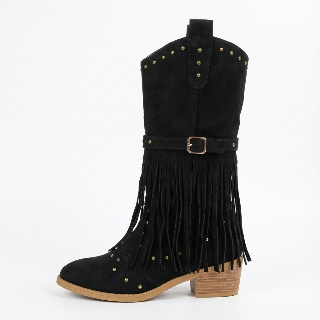 Santiag mi-haute noir Daim Femme - Franges longues et clous audacieux 3