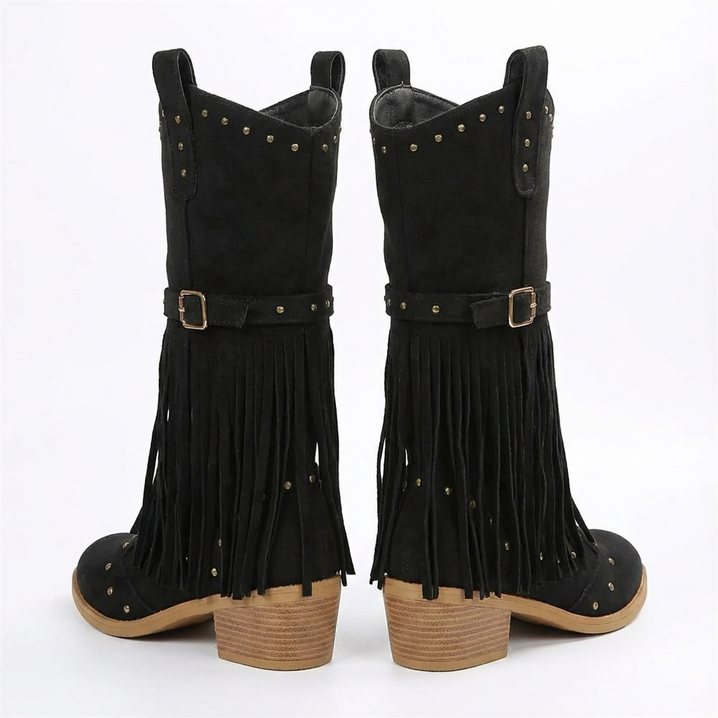 Santiag mi-haute noir Daim Femme - Franges longues et clous audacieux 4