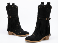 Santiag mi-haute noir Daim Femme - Franges longues et clous audacieux 1