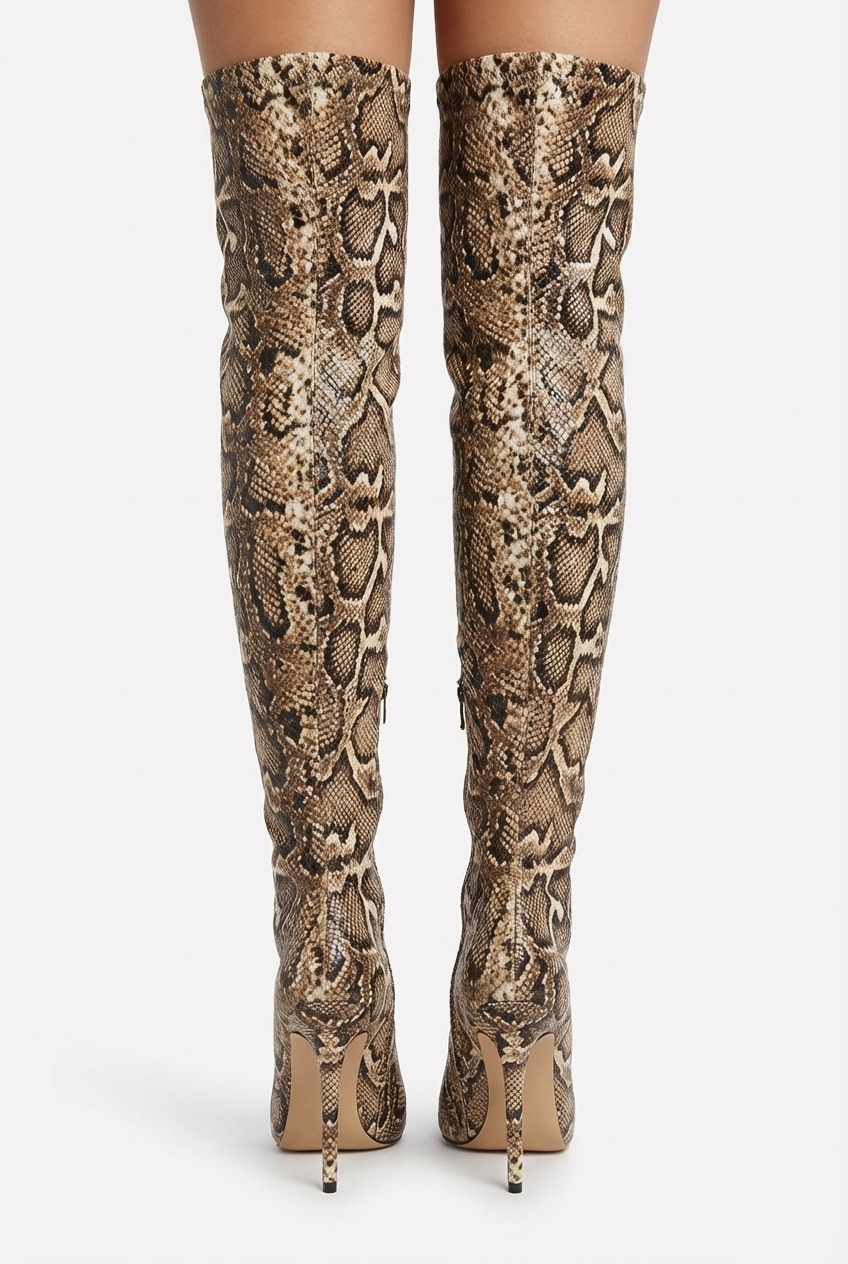 Botte haute marron clair Synthétique Femme - Motif python, talons aiguilles élégants 3