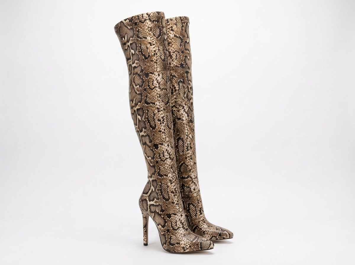Botte haute marron clair Synthétique Femme - Motif python, talons aiguilles élégants