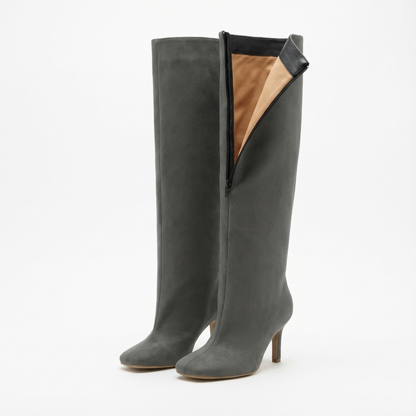 Santiag haute gris Daim Synthétique Femme - Talon fin élégant, bout carré moderne - three_quarter_view