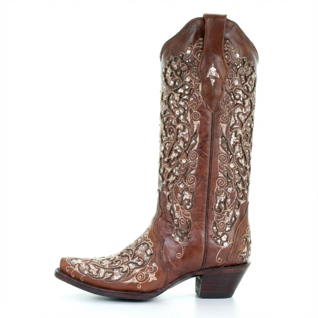 Santiag mi-haute marron Simili Cuir Femme - Broderies florales élégantes et ornementées 2
