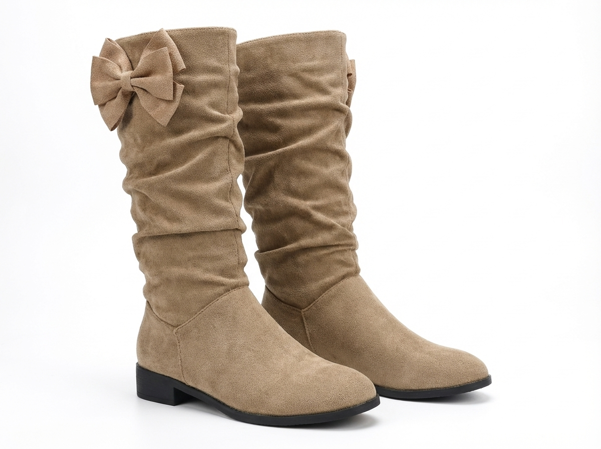 Santiag haute beige Daim Femme - Nœud papillon arrière élégant et féminin