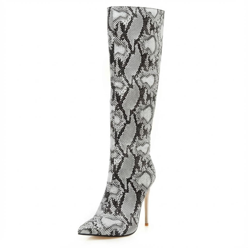 Botte haute gris Synthétique Femme - Motif python et talon aiguille chic 3