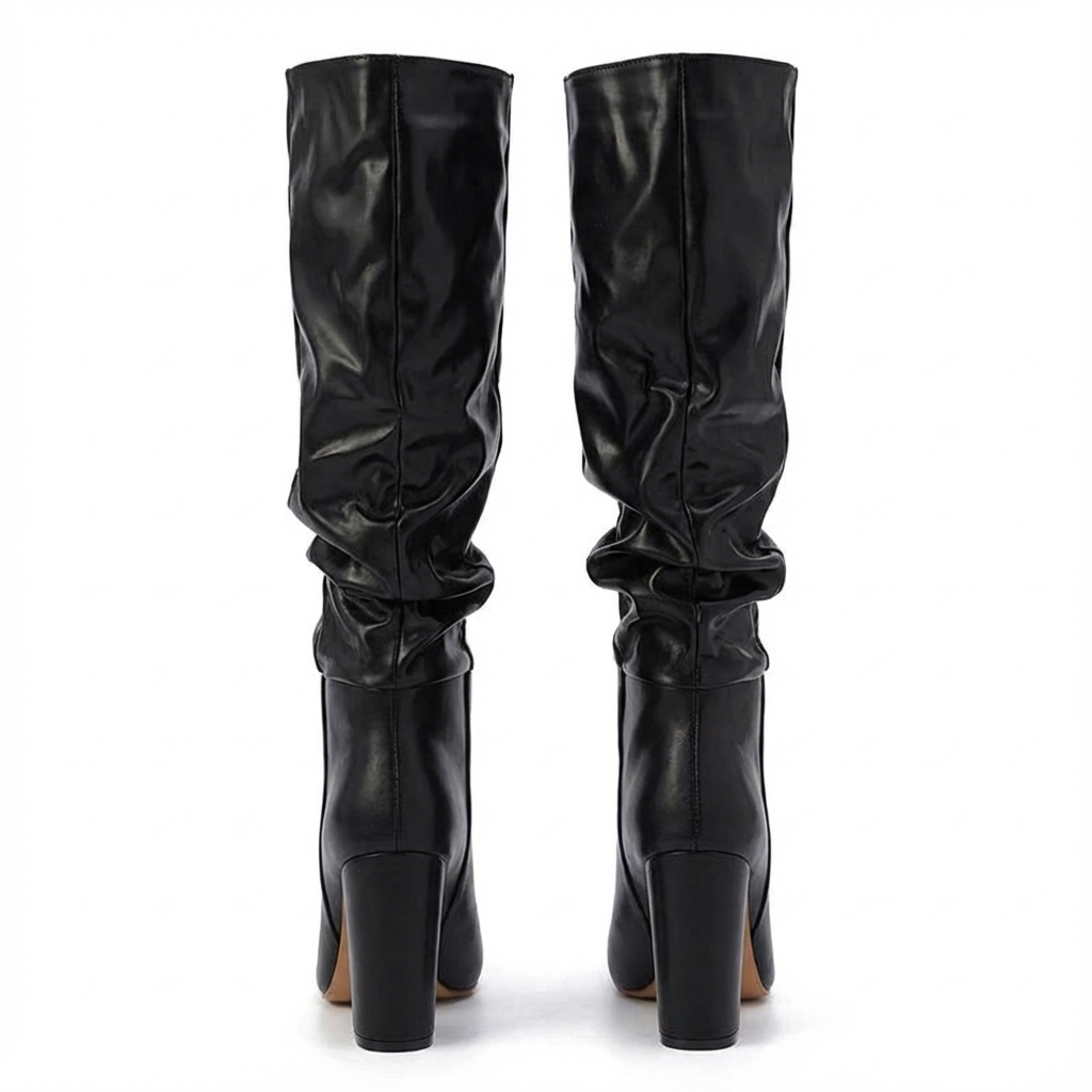 Botte haute noir Simili Cuir Femme - Santiags chic avec plissage distinctif 3