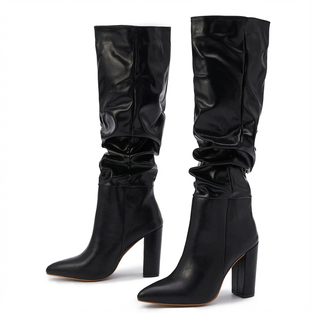 Botte haute noir Simili Cuir Femme - Santiags chic avec plissage distinctif
