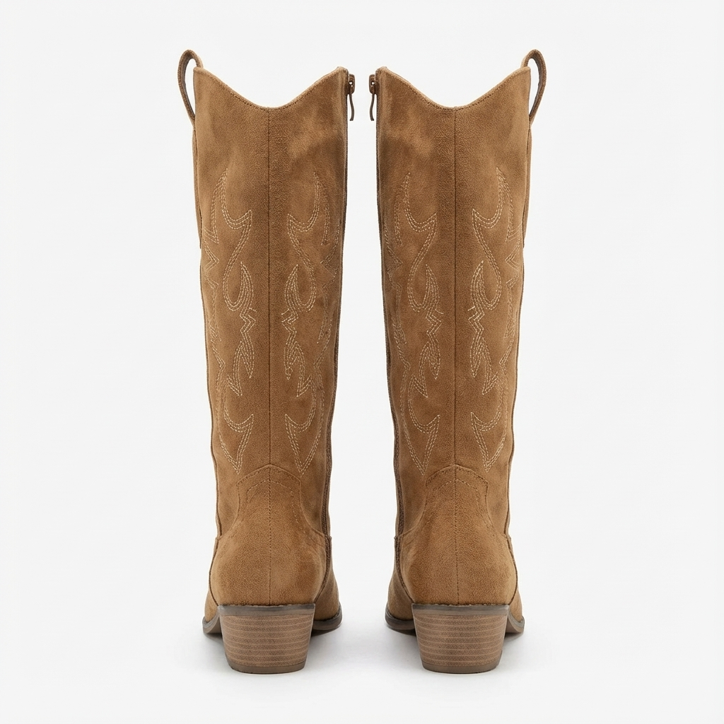 Santiag mi-haute camel Simili Cuir Femme - Broderies western et talon carré élégant 6