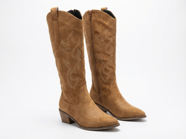 Santiag mi-haute camel Simili Cuir Femme - Broderies western et talon carré élégant