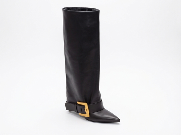 Santiag haute noir Synthétique Femme - Élégante boucle dorée contrastante - three_quarter_view